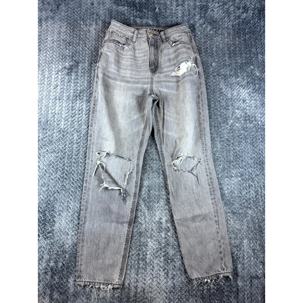 American Eagle Outfitters Mom Jeans Womens 2 Gray Ripped Frayed Hem Tapered Leg